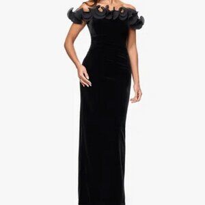 Xscape Black Velvet Ruffle Off the Shoulder Scuba Crepe Gown